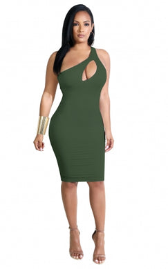 Army green Inclined Shoulder Design And Hollow Out