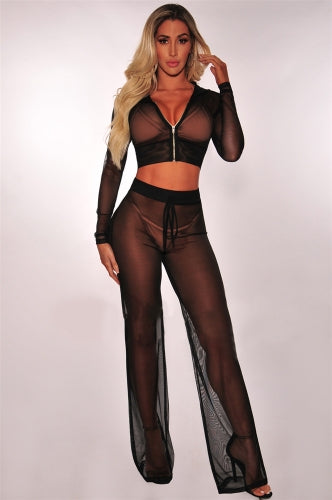 Black Sheer Crop Hoodie And Trousers Suit